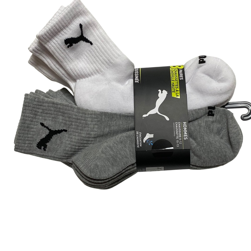 Puma Mens Hi Qtr Socks 8 Pair Pack White Grey Cushione Moisture Wicking 8-12 NWT